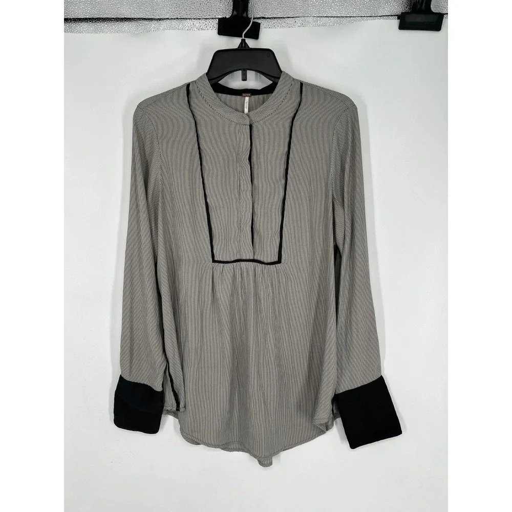 Free People Blouse Women's Medium Gray Black Striped Long Sleeve Popover Top